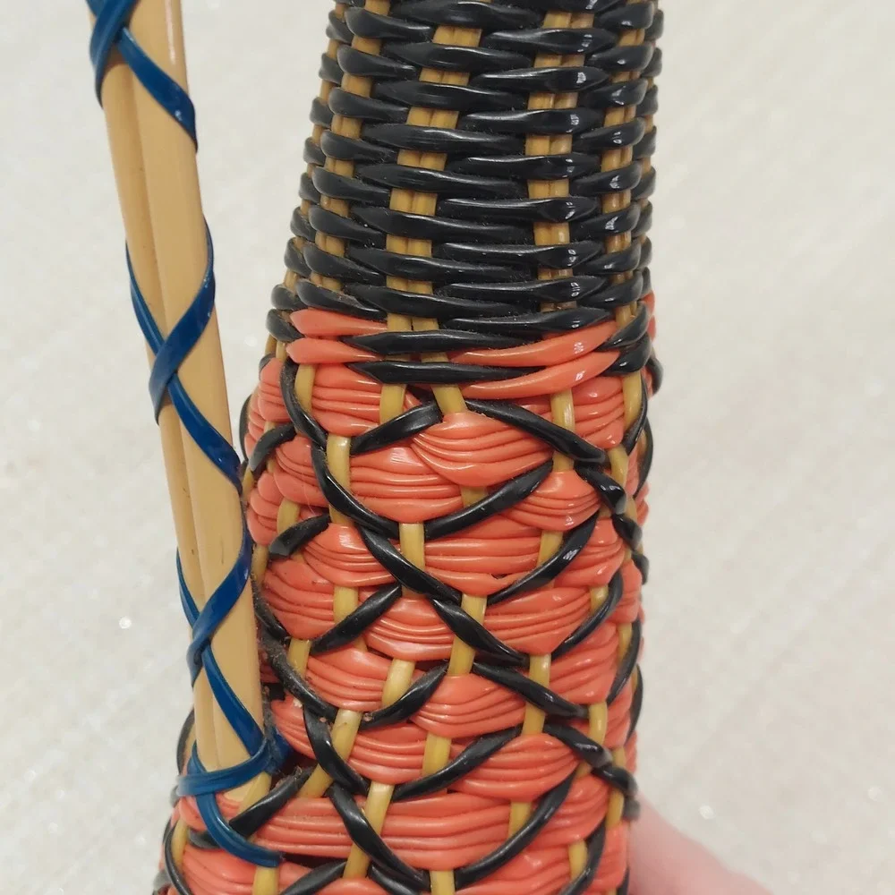 Vintage Woven Wrapped Amber Glass Decanter Bottle Orange Black Tiki Mid Century